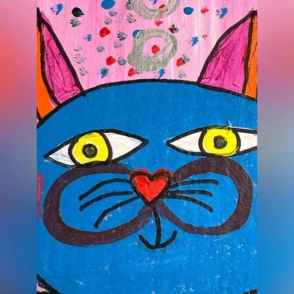Cat Painting On Wood Nursery Pink Pop Art 9 X 7.5 Whimsical Swirls Dots Fun - Picture 11 of 15